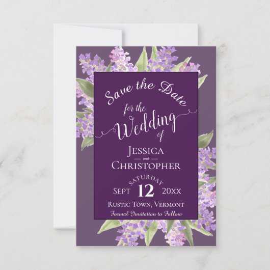 Rustische Waterverf Lilacs Calligraphy Plum Weddin Save The Date (Voorkant)