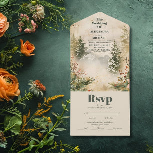 Rustische Waterverf Mountain Forest Winter Wedding All In One Uitnodiging