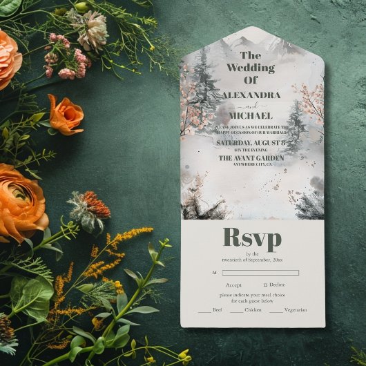 Rustische Waterverf Mountain Forest Winter Wedding All In One Uitnodiging