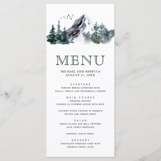 Rustische Waterverf Mountain Forest Winter Wedding Menu (Voorkant)
