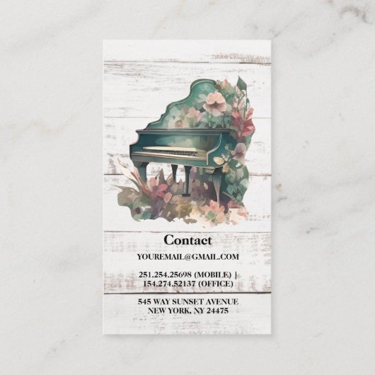 Rustische Waterverf Piano-leraar Visitekaartje (Achterkant)