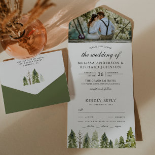 Rustische Waterverf Pine Trees Forest Photo Weddin All In One Uitnodiging