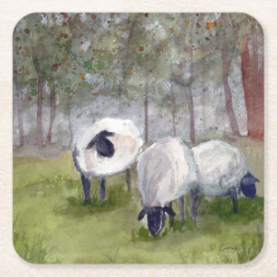 Rustische Waterverf Sheep Vierkante Kartonnen Onderzetter