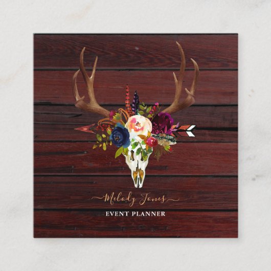 RUSTISCHE WATERVERF STROMEN, BOHO SKULL+ARROW VIERKANTE VISITEKAARTJE (Voorkant)