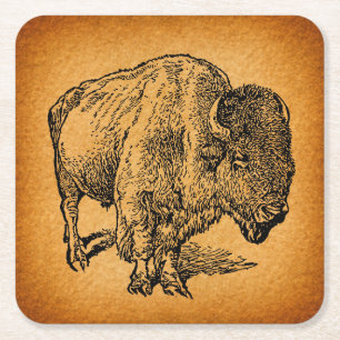 Rustische Westerne Wilde Buffalo Bison Antiek Kuns Vierkante Kartonnen Onderzetter