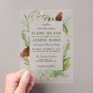 Rustische winterfeilage Pine cone Wedding Acryl Uitnodigingen