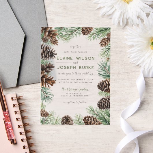 Rustische winterfeilage Pine cone Wedding Vellum Uitnodigingen (Huwelijk)