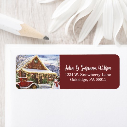 Rustische Winterkerst Snowman Scene Etiket (Insitu)