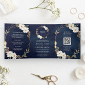 Rustische witte Magnolia Floral QR Code Navy Weddi Drieluik Uitnodiging