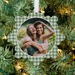 Rusto Groen Gingham Foto Modern Kerstmis Ornament Kaart