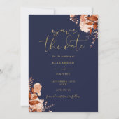 Rustoce bloemen navyblauw en goud foto trouwfoto save the date (Voorkant)