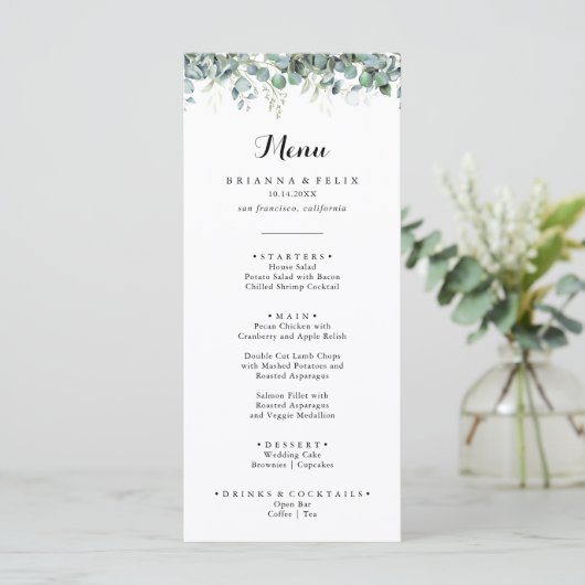 Rustoce Botanische Eucalyptus Groene Huwelijk Menu (Staand voorkant)