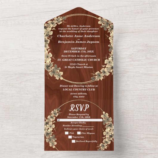 Rustoce Gouden Bloemige Trouwdag All In One Uitnodiging (Binnen)