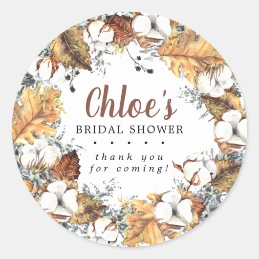 Rustoce Witte Bloemige Herfst Bruidsdouche Dankjew Ronde Sticker (Voorkant)