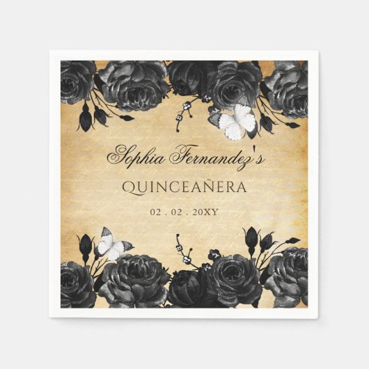 Rustoek Antiek Zwart Bloem Motief Vlinder  Servet (Voorkant)