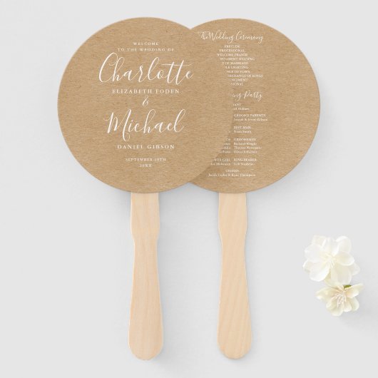 Rustoek Kraft Elegant Bruiloftsprogramma Handwaaier (Voorkant en achterkant)