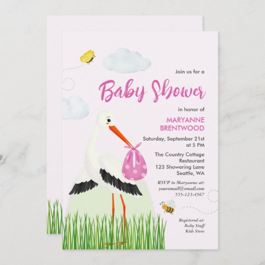 Rustooie Ooievaar met Bij & Vlinder Meisje Baby Sh Kaart (Voorkant / Achterkant)