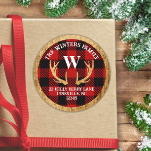 Rustoord Hertengewei Buffalo Plaid Adreslabel Ronde Sticker