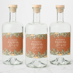 Rustoorkaars oranje citrus botanische bruidsshower likeurfles etiket