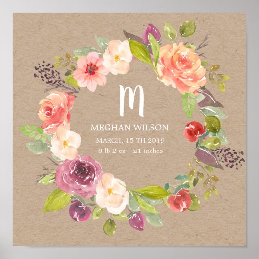 Rustoze bloemige kraft gepersonaliseerde geboortep poster (Voorkant)