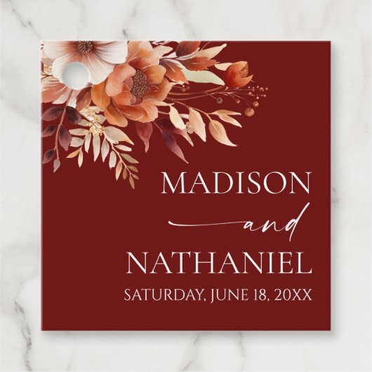 Rusty Burgundy Brown Bloemen Huwelijk Bedankjes Labels (Voorkant)