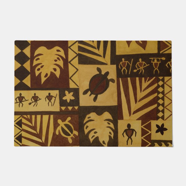 Rusty Tapa Hawaiian Petroglyph Warrior Deuren Mat (Voorkant)