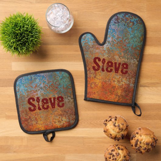 Rusty, Verdigris, Grunge Steampunk Persoonlijk Ovenwant & Pannenlap Set (Top down)