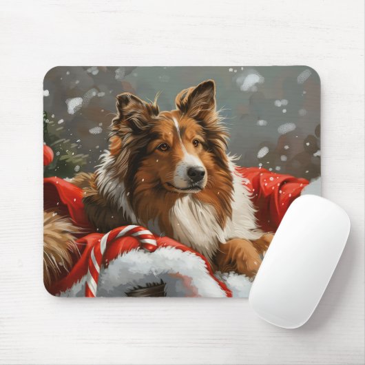 Ruw Collie Hond Kerstfeest Muismat (Met muis)