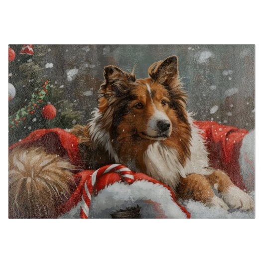 Ruw Collie Hond Kerstfeest Snijplank (Voorkant)