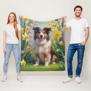 Ruw Collie Hond Lente Bloemen Schilderij Fleece Deken