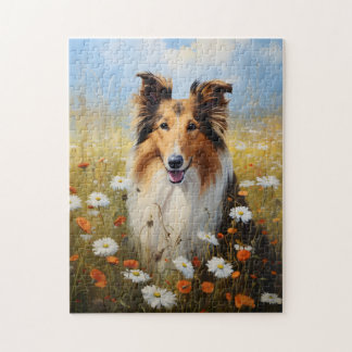 Ruw Collie in Bloemengebied Legpuzzel