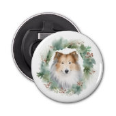 Ruw Collie Kerstkrans Feestelijke Pup Button Flesopener (Voorkant)