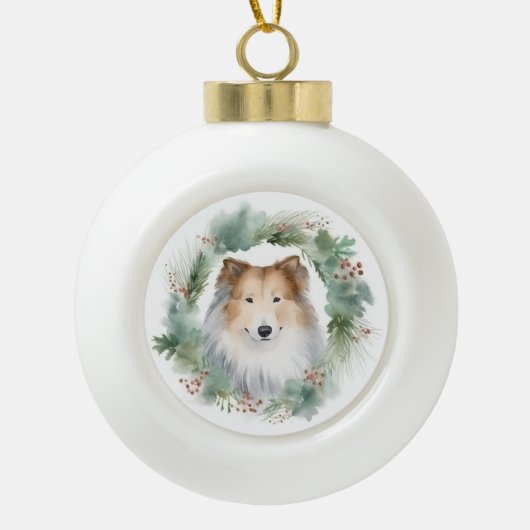Ruw Collie Kerstkrans Feestelijke Pup Keramische Bal Ornament (Voorkant)