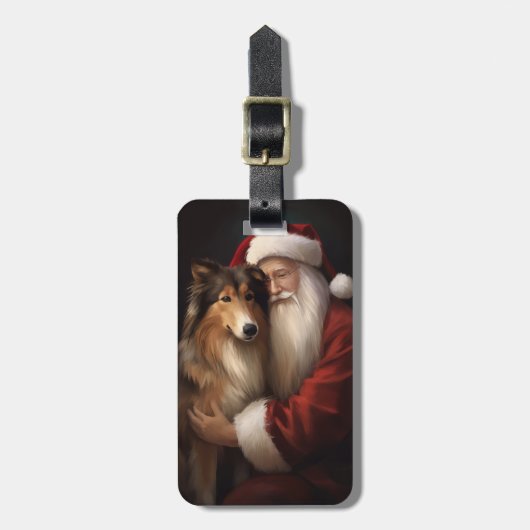 Ruw Collie Met Sinterklaas Feestelijke Kerstmis Bagagelabel (Voorkant verticaal)