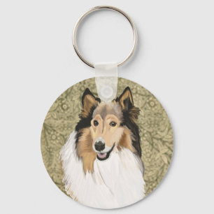 Ruw Collie op een bruine bloemige achtergrond Sleutelhanger