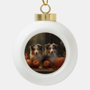 Ruw Collie Puppy Herfstpracht Pompoen Keramische Bal Ornament