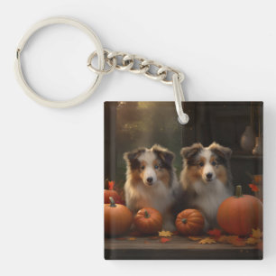 Ruw Collie Puppy Herfstpracht Pompoen Sleutelhanger