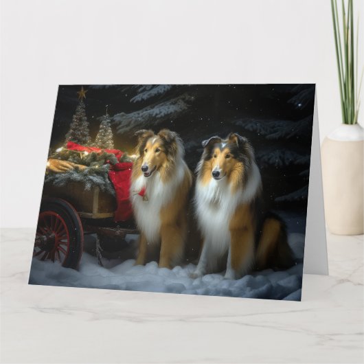 Ruw Collie Snowy Sleigh Kerstmisdecor Kaart (Voorkant)