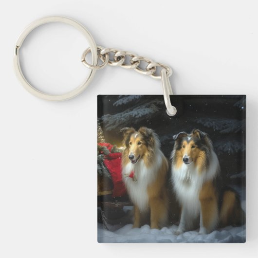 Ruw Collie Snowy Sleigh Kerstmisdecor Sleutelhanger (Voorkant)