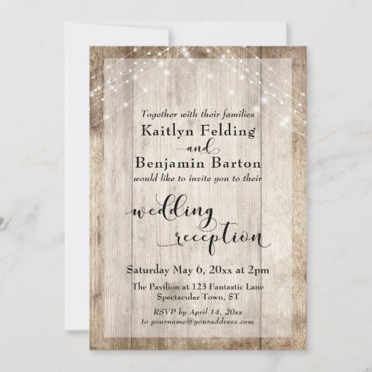 Ruw hout en lichte linten bruiloftsreceptie kaart (Voorkant)