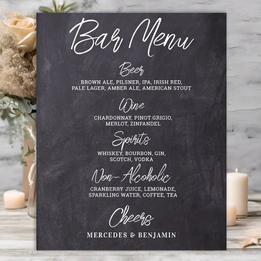 Ruw huwelijksbar gepersonaliseerd drankmenu poster