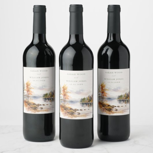 Ruw linnenprint met herfstmeer Huwelijk  Wijn Etiket (Flessen)