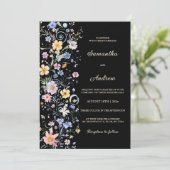 Ruw sjabloon voor wilde bloemen bruiloft zwart kaart (Staand voorkant)