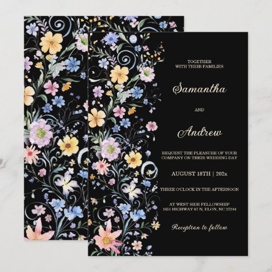 Ruw sjabloon voor wilde bloemen bruiloft zwart kaart (Voorkant / Achterkant)