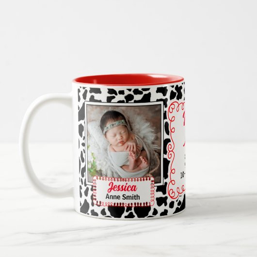 Ruw Tante Black White en Red Koe Print Baby Tweekleurige Koffiemok (Links)
