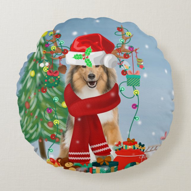 Ruwe Collie Dog in Sneeuwkerstcadeau Rond Kussen (Voorkant)