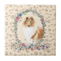 Ruwe Collie Dog Paw Print Floral Cute Beige