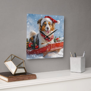 Ruwe Collie-hond in slee Laat het sneeuwen Kerstmi Vierkante Klok