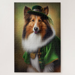Ruwe Collie-hond in St. Patrick's Day-jurk Legpuzzel