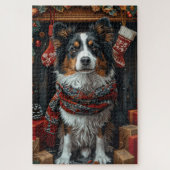 Ruwe Collie Hond Met Kerstcadeaus Open Haard Legpuzzel (Verticaal)